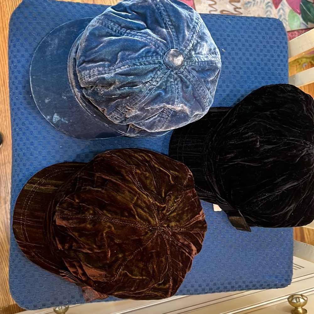 Lush velvet cap hats in blue black and brown lined with satin like fabric lining